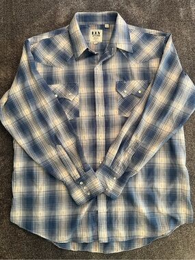 Ely Cattleman Blue and Tan Long Sleeve Pearl Snap